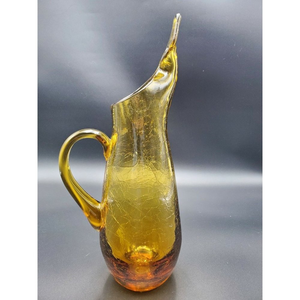 Vintage Mid Century Modern Amber Hand Blown Crackle Glass Pitcher w/ Long Spout